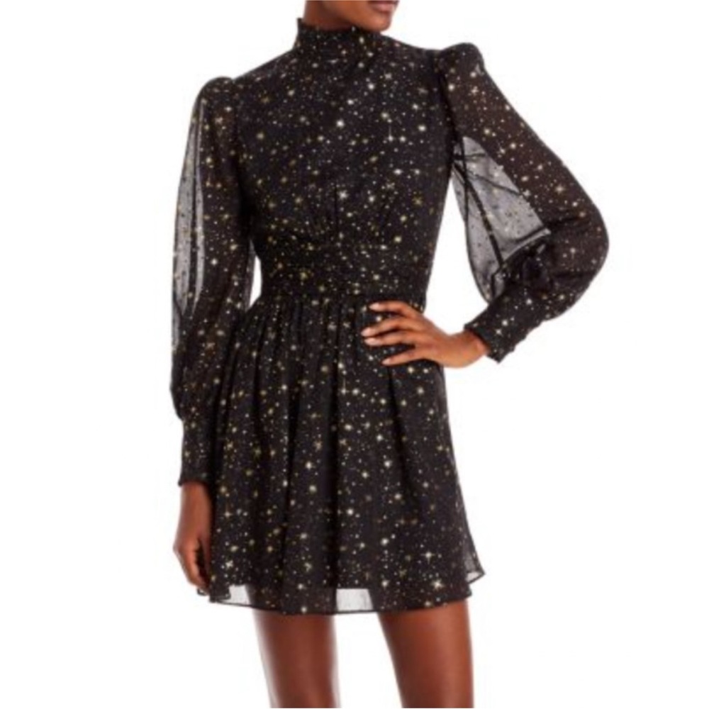 Aqua Black Gold Foil Star High Neck Ruffle Mini Dress iCarly Size XS